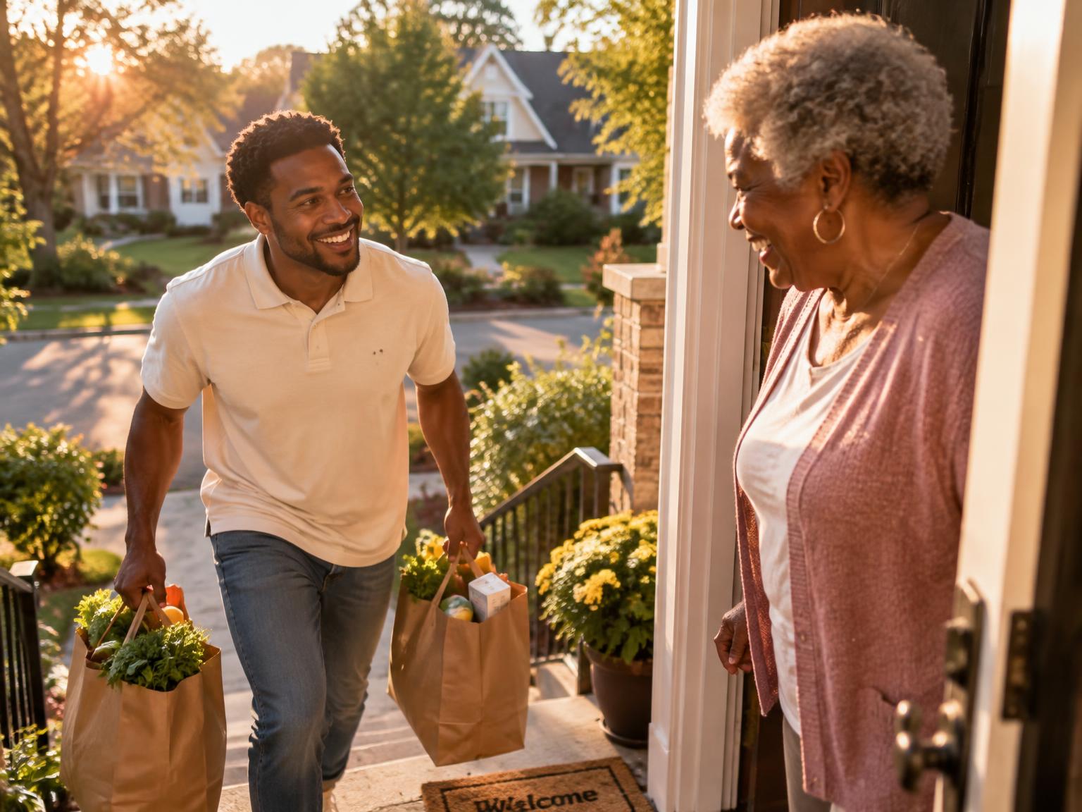 A friendly helper carrying groceries to a smiling senior at her front door