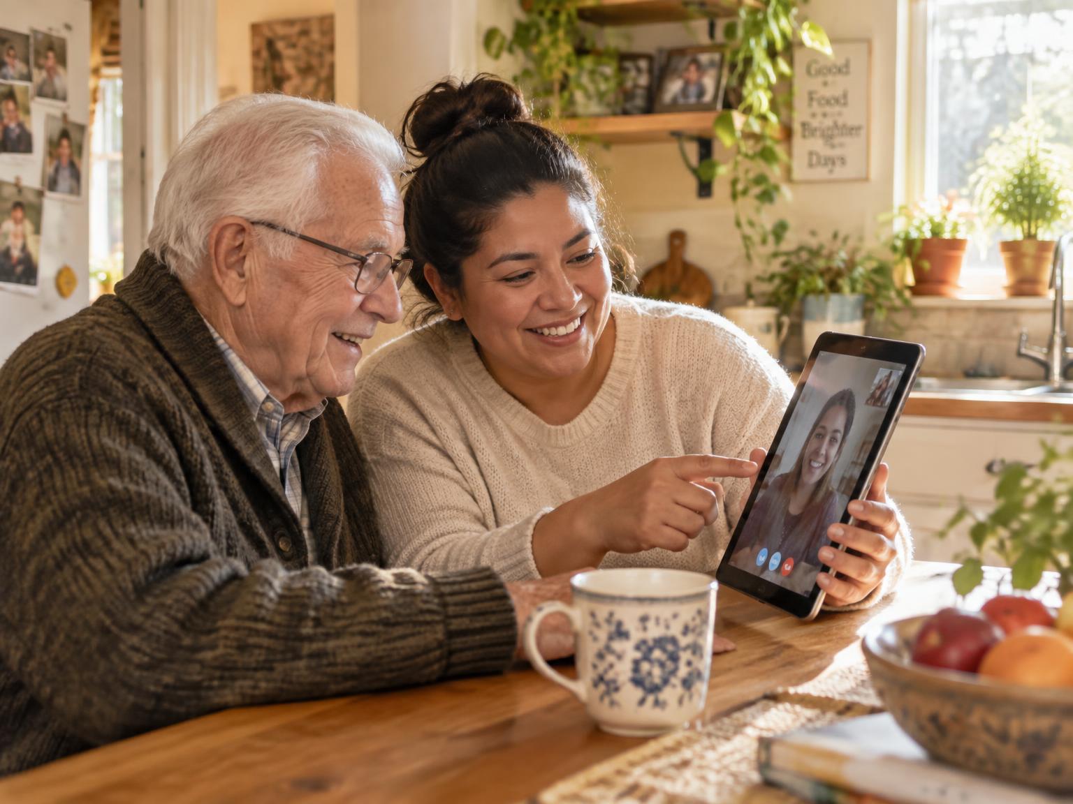 A patient helper showing a senior man how to make a video call on a tablet